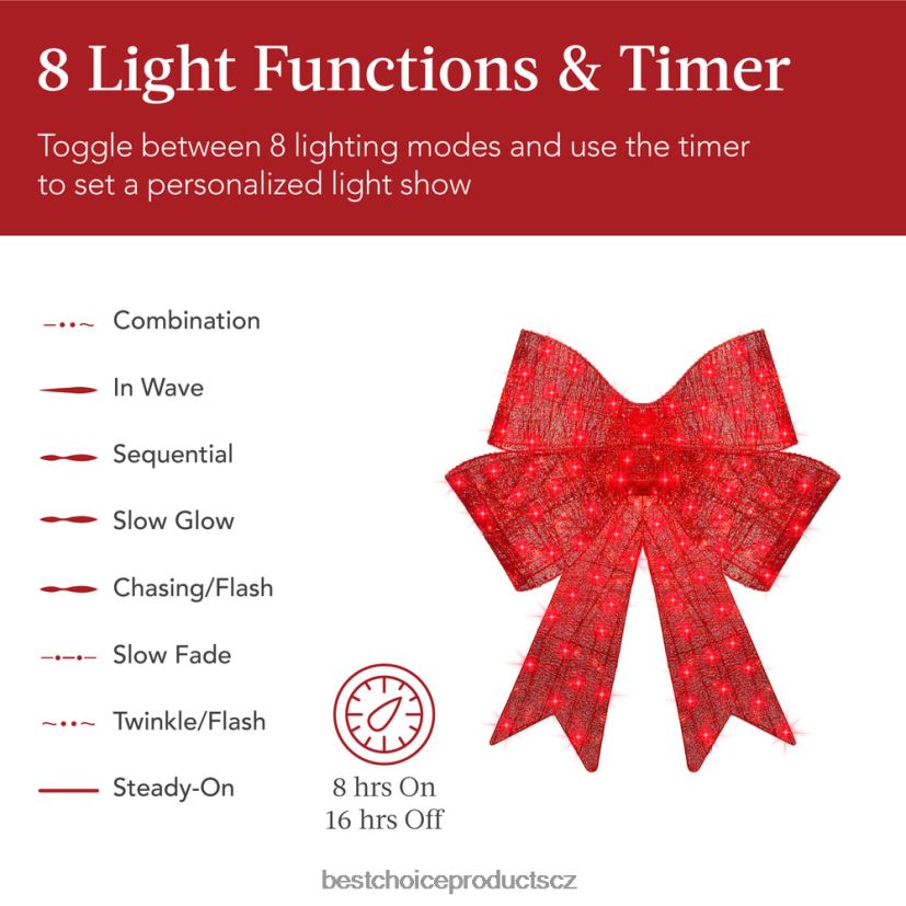Best Choice Products předsvícená velká vánoční dekorace s mašlí, sváteční dekorace s 8 funkcemi sezónní Červené FF228640