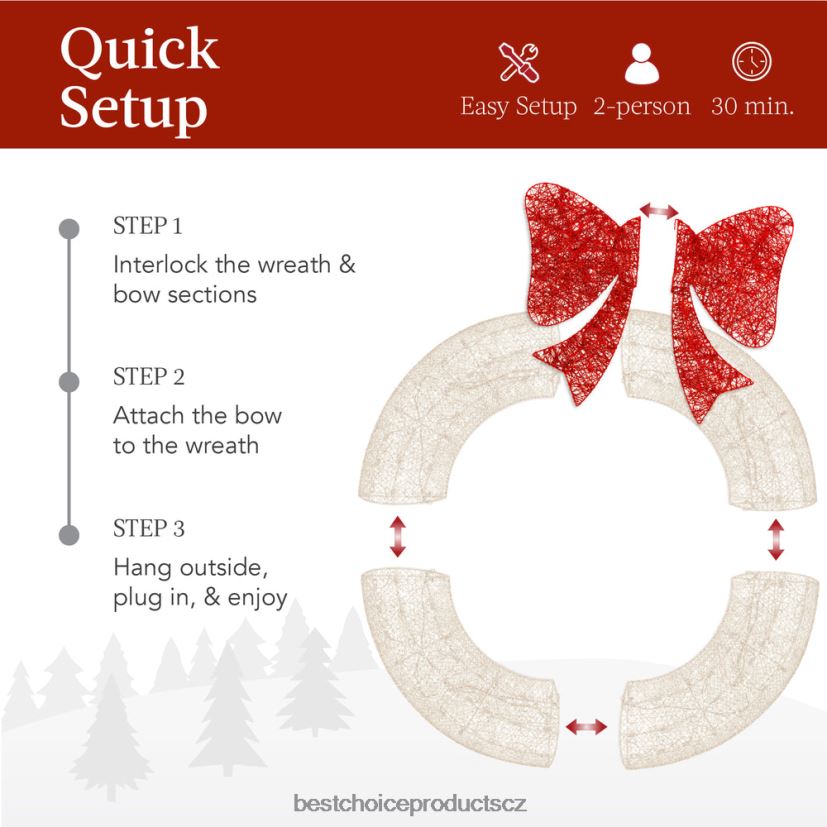 Best Choice Products předsvícený venkovní vánoční věnec, led kovový sváteční dekor s mašlí sezónní bílá/červená FF2286126