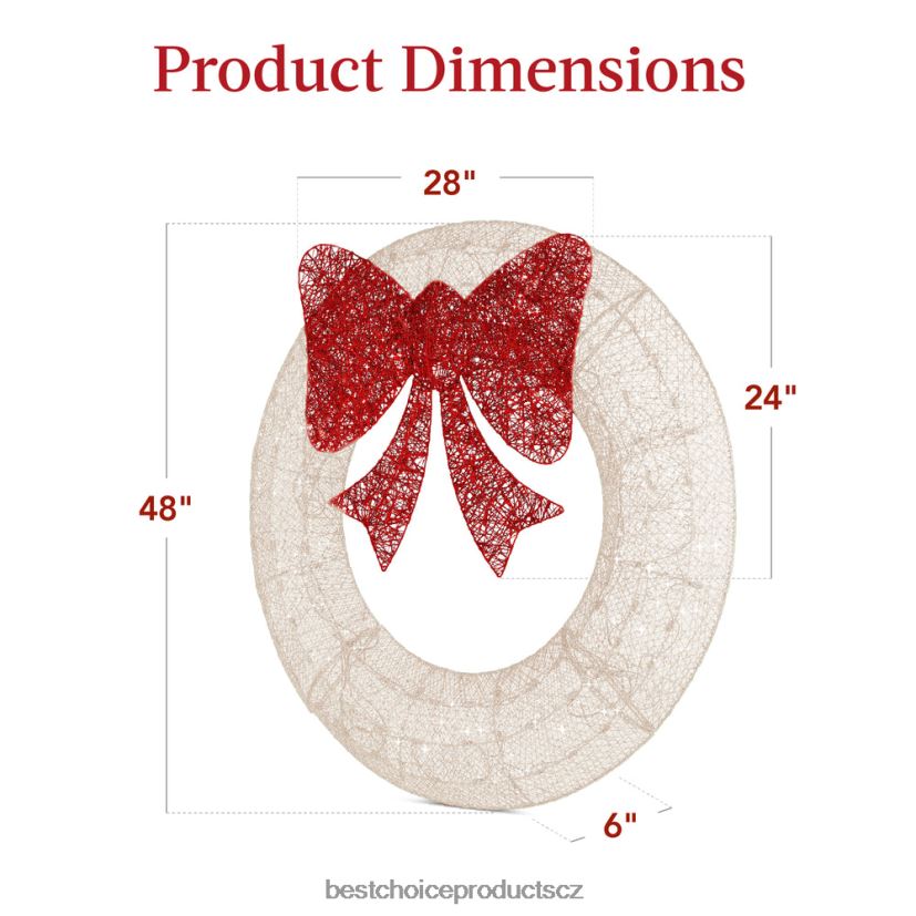 Best Choice Products předsvícený venkovní vánoční věnec, led kovový sváteční dekor s mašlí sezónní bílá/červená FF2286126