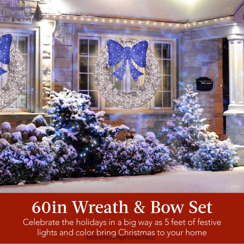 Best Choice Products předsvícený venkovní vánoční věnec, led kovový sváteční dekor s mašlí sezónní stříbrná/modrá FF2286213
