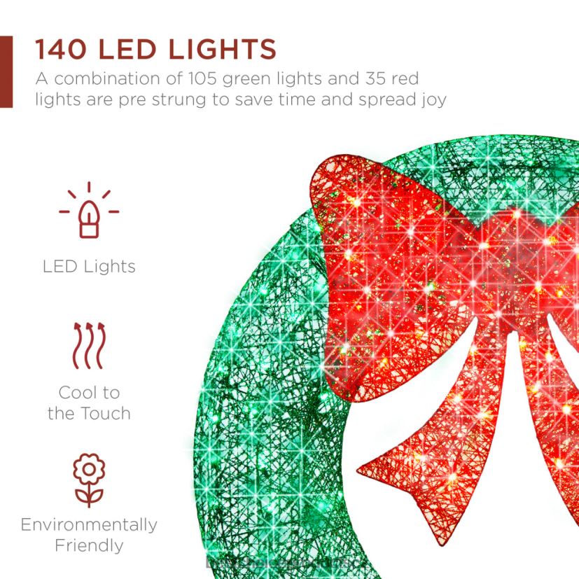 Best Choice Products předsvícený venkovní vánoční věnec, led kovový sváteční dekor s mašlí sezónní zelená/červená FF2286124