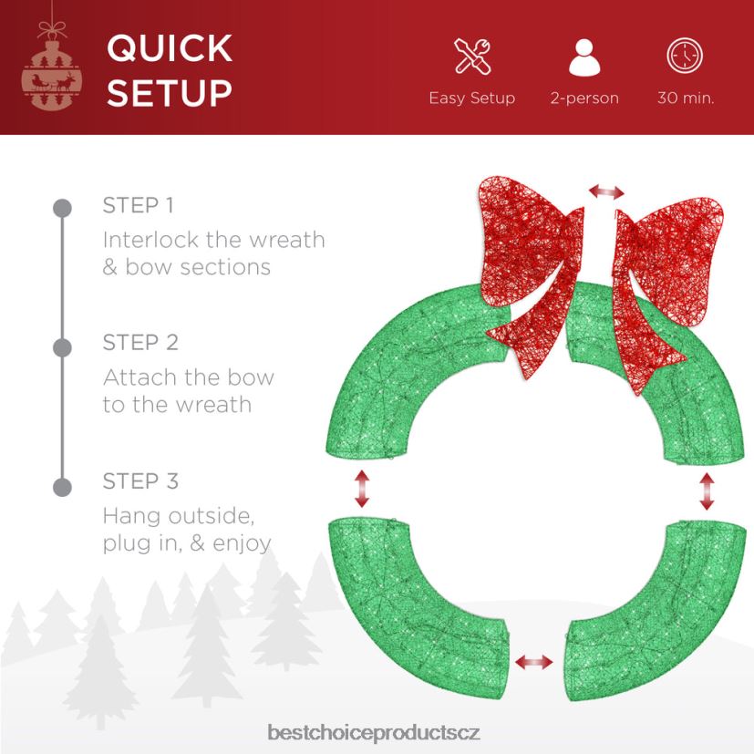 Best Choice Products předsvícený venkovní vánoční věnec, led kovový sváteční dekor s mašlí sezónní zelená/červená FF2286124