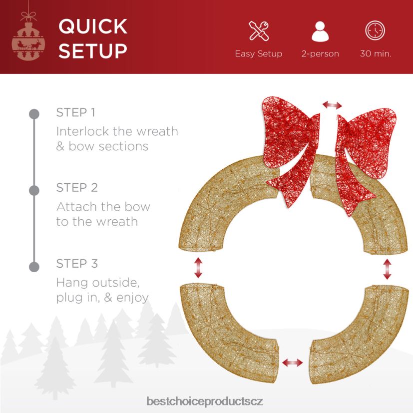 Best Choice Products předsvícený venkovní vánoční věnec, led kovový sváteční dekor s mašlí sezónní zlatá/červená FF2286123