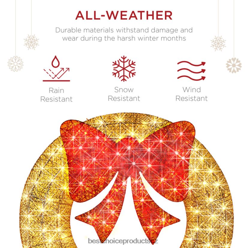 Best Choice Products předsvícený venkovní vánoční věnec, led kovový sváteční dekor s mašlí sezónní zlatá/červená FF2286123