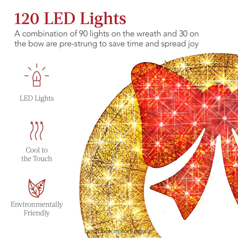 Best Choice Products předsvícený venkovní vánoční věnec, led kovový sváteční dekor s mašlí sezónní zlatá/červená FF2286127