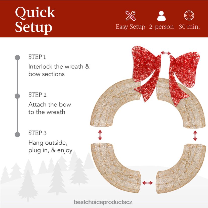 Best Choice Products předsvícený venkovní vánoční věnec, led kovový sváteční dekor s mašlí sezónní zlatá/červená FF2286127