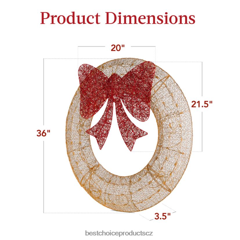 Best Choice Products předsvícený venkovní vánoční věnec, led kovový sváteční dekor s mašlí sezónní zlatá/červená FF2286127