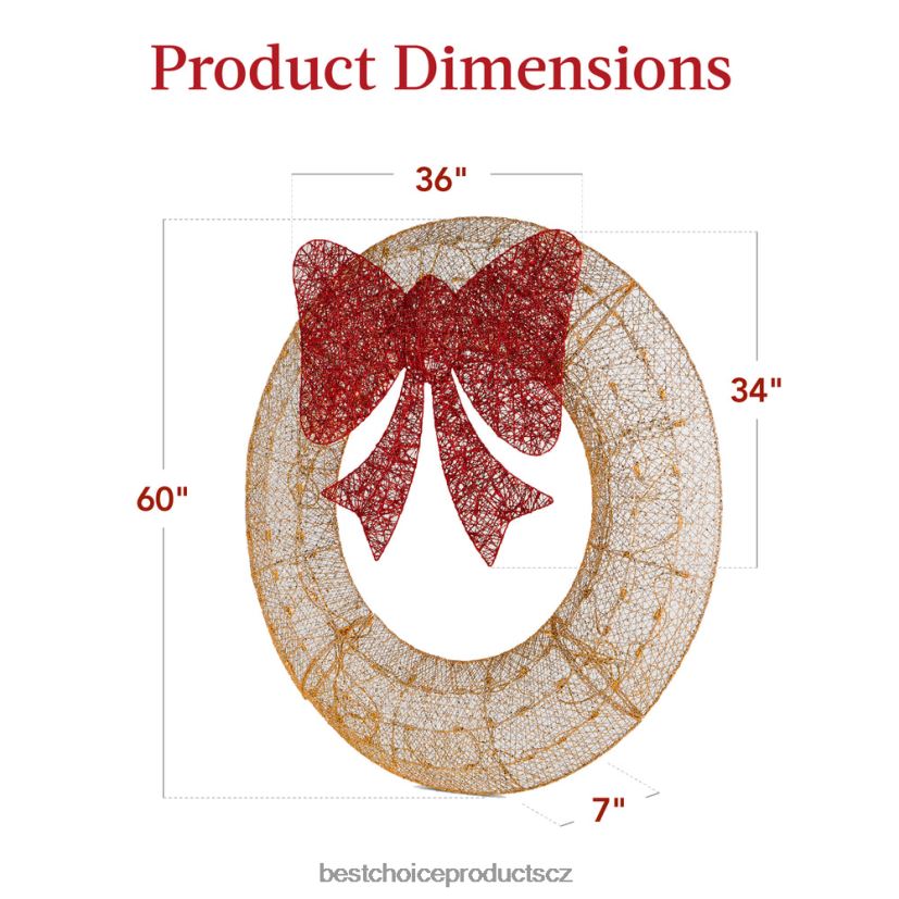 Best Choice Products předsvícený venkovní vánoční věnec, led kovový sváteční dekor s mašlí sezónní zlatá/červená FF2286210