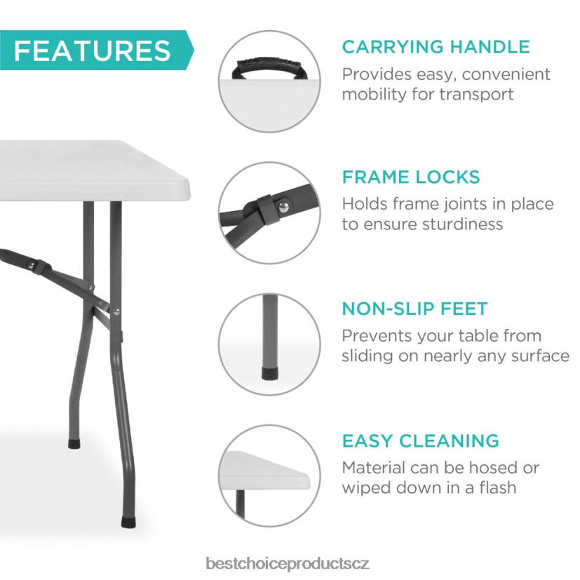 Best Choice Products přenosný skládací plastový jídelní stůl s rukojetí, zámkem sezónní bílý FF2286262