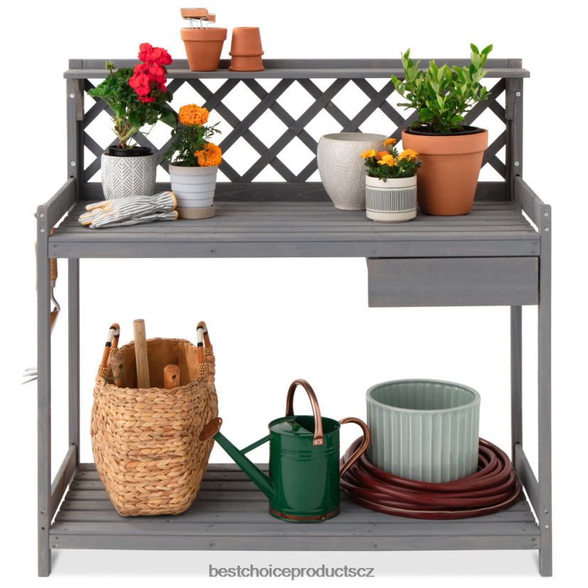 Best Choice Products dřevěná zahradní lavice pracovní stanice se zásuvkou skříně, otevřená police trávník a zahrada | šedá FF2286952