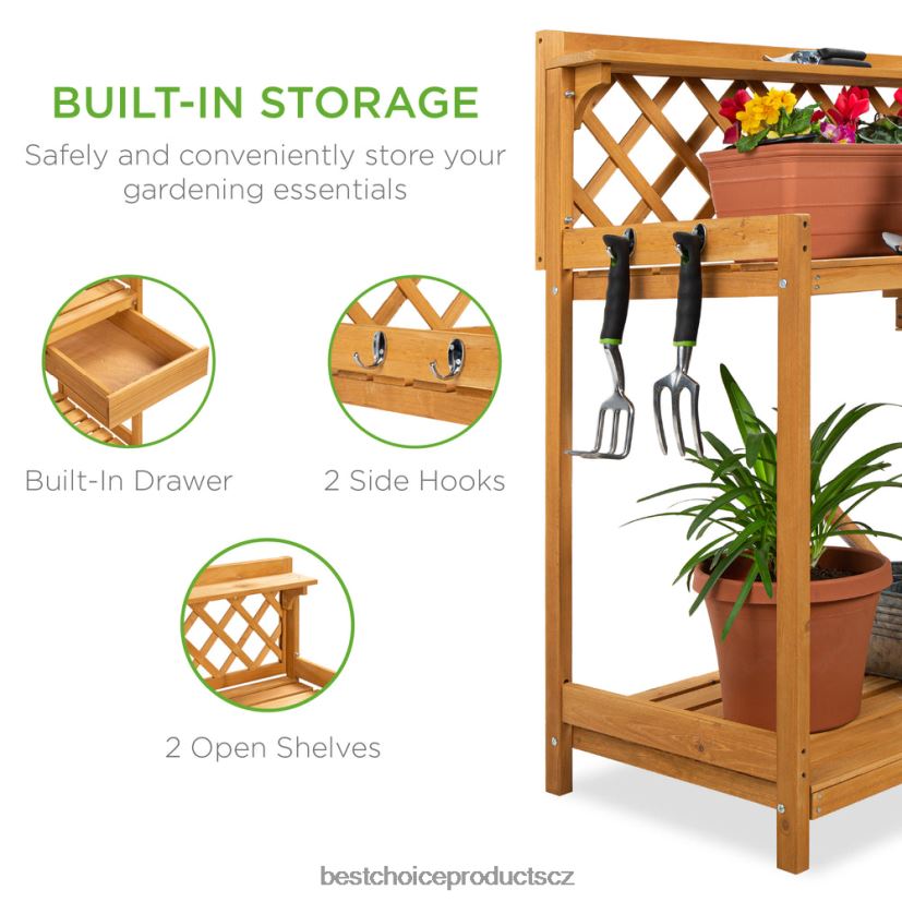 Best Choice Products dřevěná zahradní lavice pracovní stanice se zásuvkou skříně, otevřená police trávník a zahrada | přírodní FF2286951
