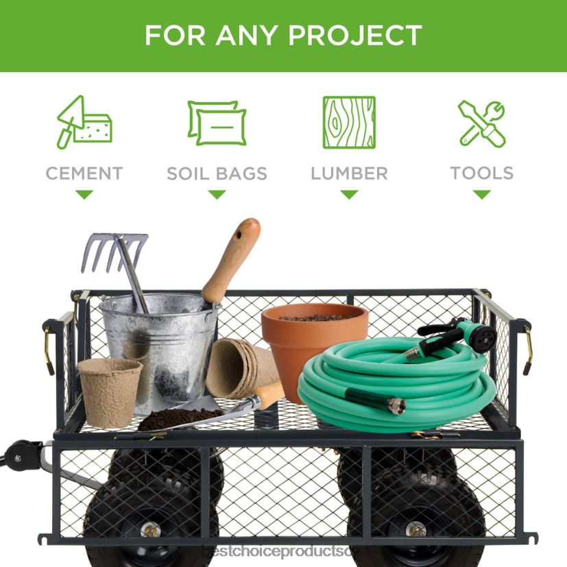 Best Choice Products ocelový zahradní užitkový vozík s nosností 400 lb, odnímatelné bočnice, madlo trávník a zahrada | šedá FF2286465