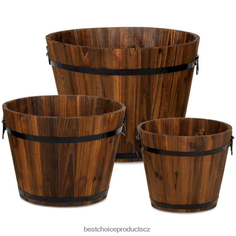 Best Choice Products sada 3 rustikálních zahradních zahradních květináčů na dřevěné vědro s drenážními otvory trávník a zahrada | hnědý FF2286954