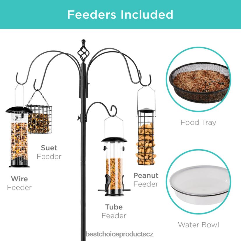 Best Choice Products Krmná stanice pro ptáky, 6háčkový ocelový stojan na více podavačů se 4 krmítky trávník a zahrada | Černá FF2286443