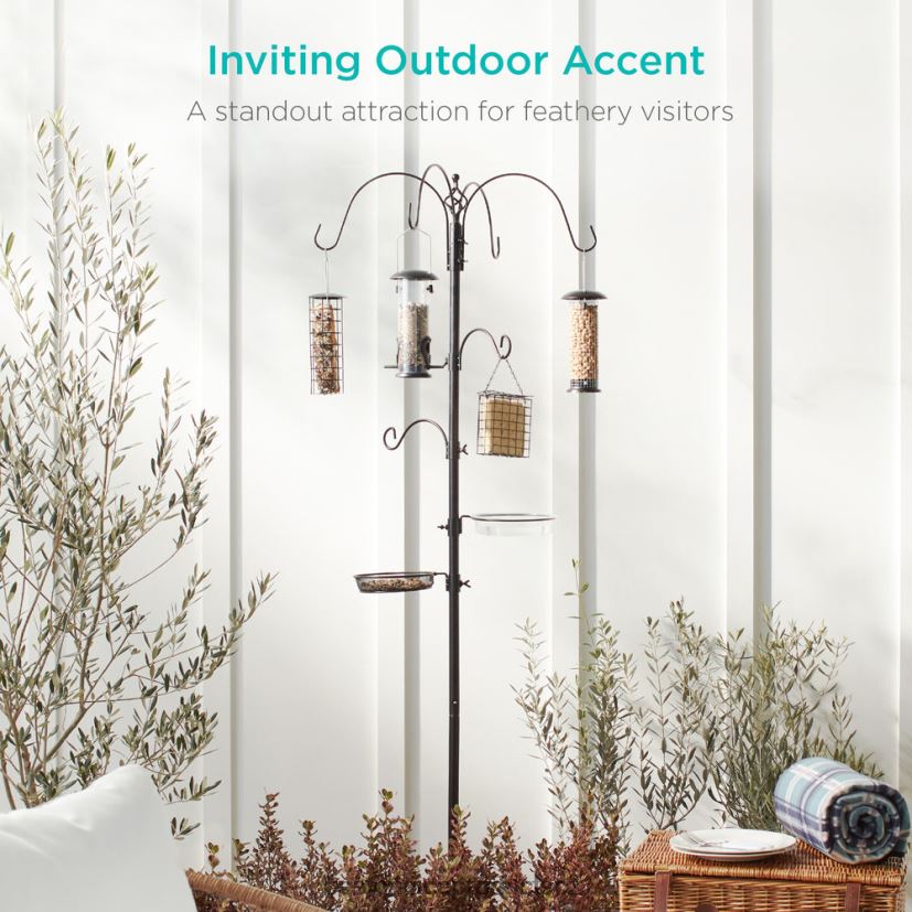 Best Choice Products Krmná stanice pro ptáky, 6háčkový ocelový stojan na více podavačů se 4 krmítky trávník a zahrada | Černá FF2286443