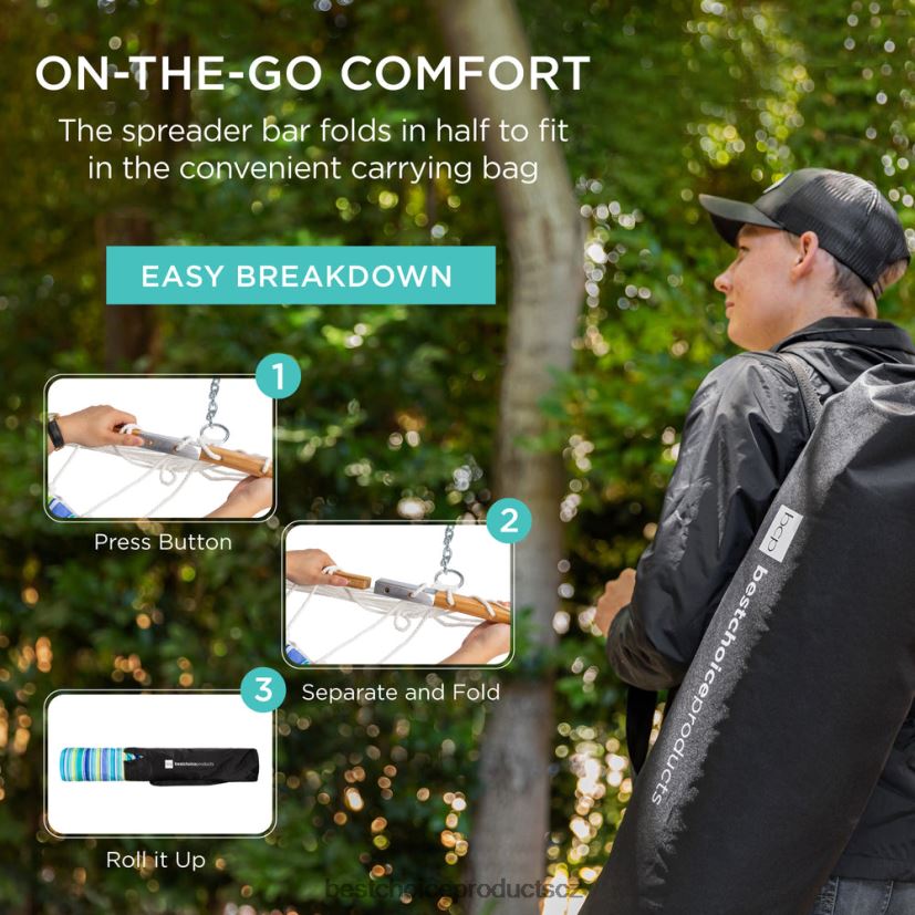 Best Choice Products Prošívaná přenosná houpací síť pro 2 osoby se zakřivenou bambusovou tyčí, taška na přenášení venkovní bydlení | modro/zelený pruh FF2286432