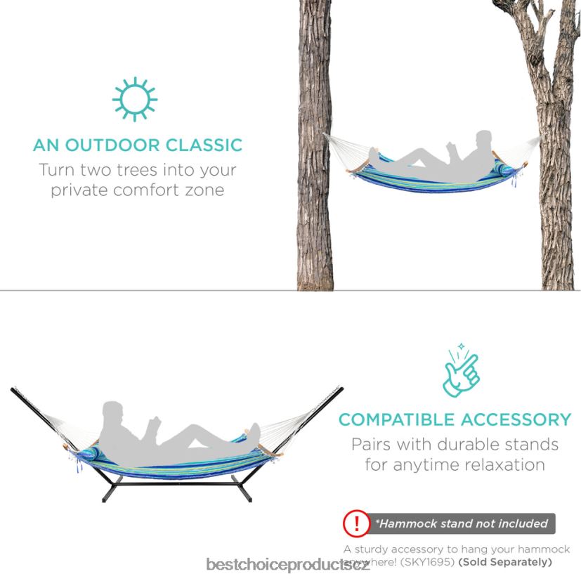 Best Choice Products Prošívaná přenosná houpací síť pro 2 osoby se zakřivenou bambusovou tyčí, taška na přenášení venkovní bydlení | modro/zelený pruh FF2286432