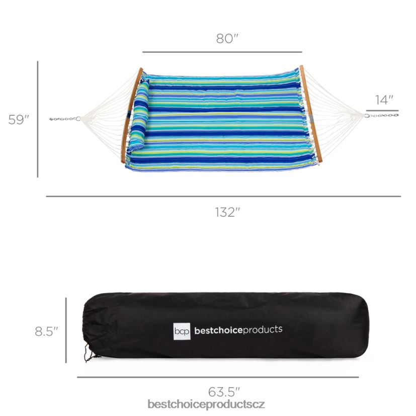 Best Choice Products Prošívaná přenosná houpací síť pro 2 osoby se zakřivenou bambusovou tyčí, taška na přenášení venkovní bydlení | modro/zelený pruh FF2286432