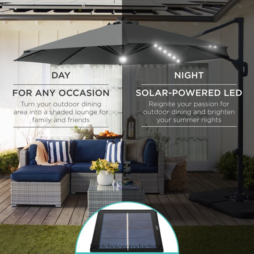 Best Choice Products 360stupňový solární led konzolový offsetový slunečník na terasu s nakloněním venkovní bydlení | šedá FF2286891