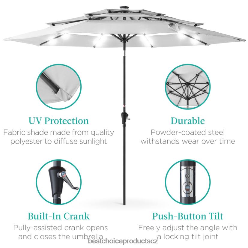 Best Choice Products 3patrový sluneční slunečník na terasu s LED světly, nastavení sklonu, klika venkovní bydlení | mlhově šedá FF22861478