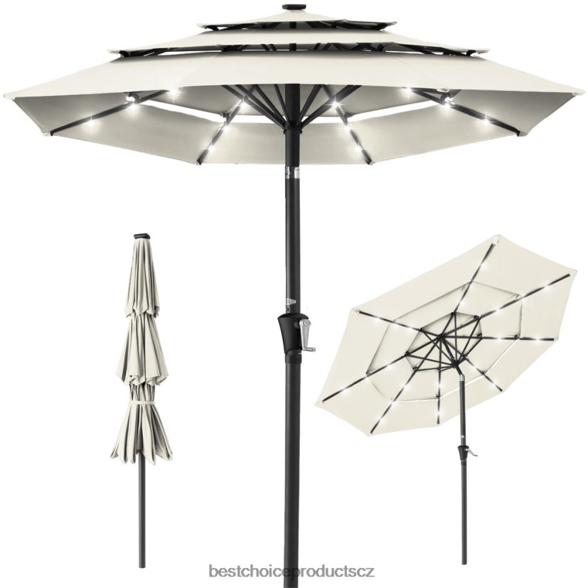 Best Choice Products 3patrový sluneční slunečník na terasu s LED světly, nastavení sklonu, klika venkovní bydlení | slonová kost FF22861479
