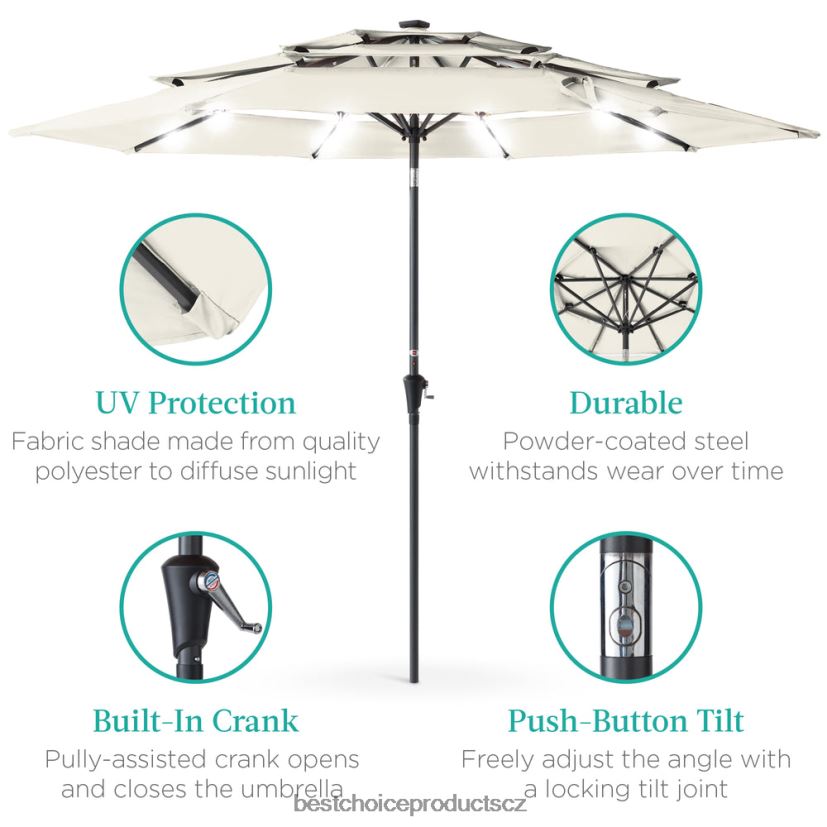 Best Choice Products 3patrový sluneční slunečník na terasu s LED světly, nastavení sklonu, klika venkovní bydlení | slonová kost FF22861479