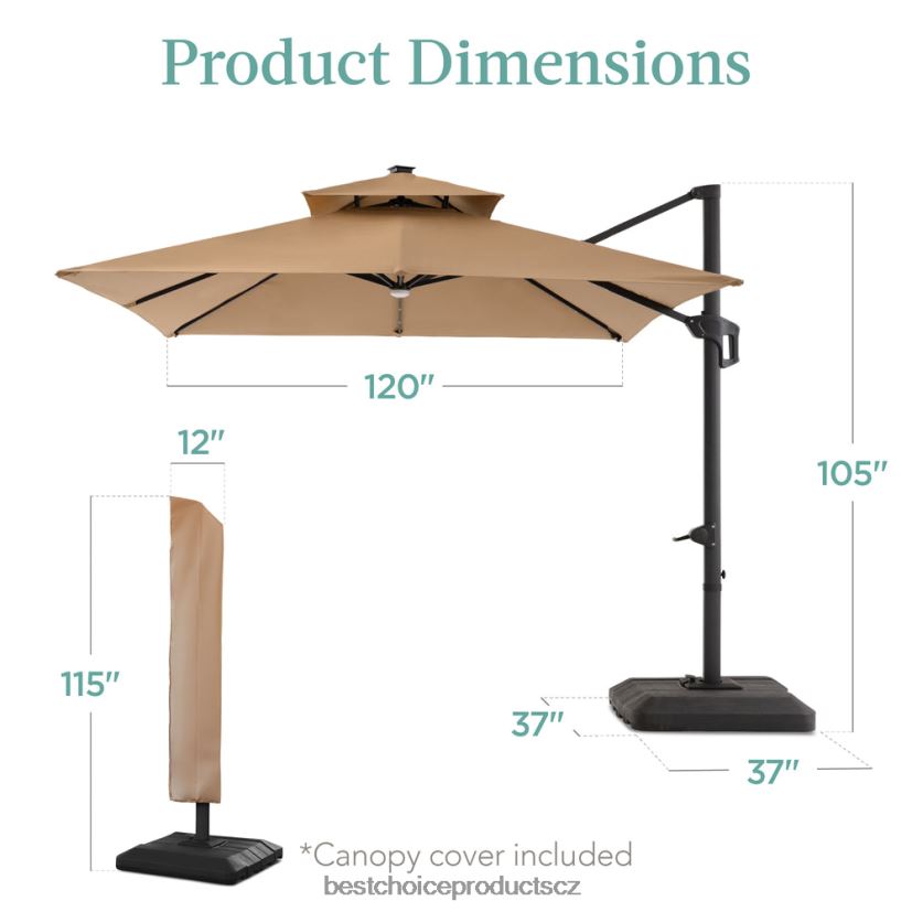 Best Choice Products Dvoupatrový čtvercový led konzolový offsetový deštník s rotací o 360, základna venkovní bydlení | opálení FF2286903