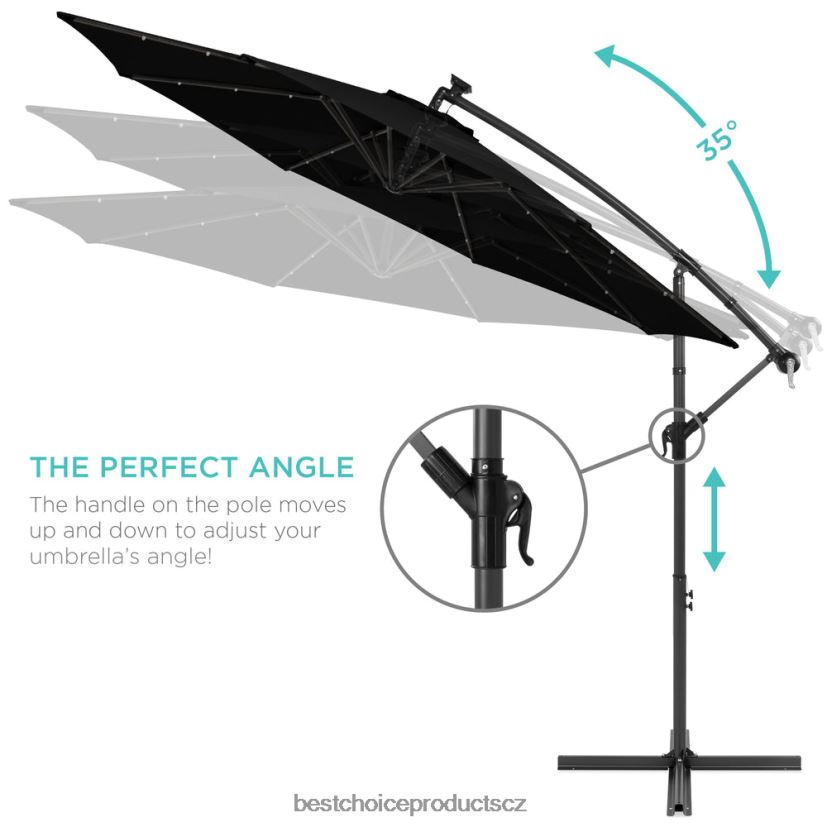 Best Choice Products solární led offsetový závěsný terasový deštník s nastavením sklonu klikou venkovní bydlení | Černá FF2286843