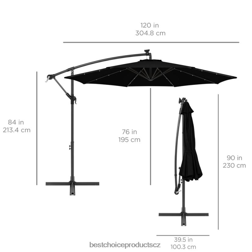Best Choice Products solární led offsetový závěsný terasový deštník s nastavením sklonu klikou venkovní bydlení | Černá FF2286843