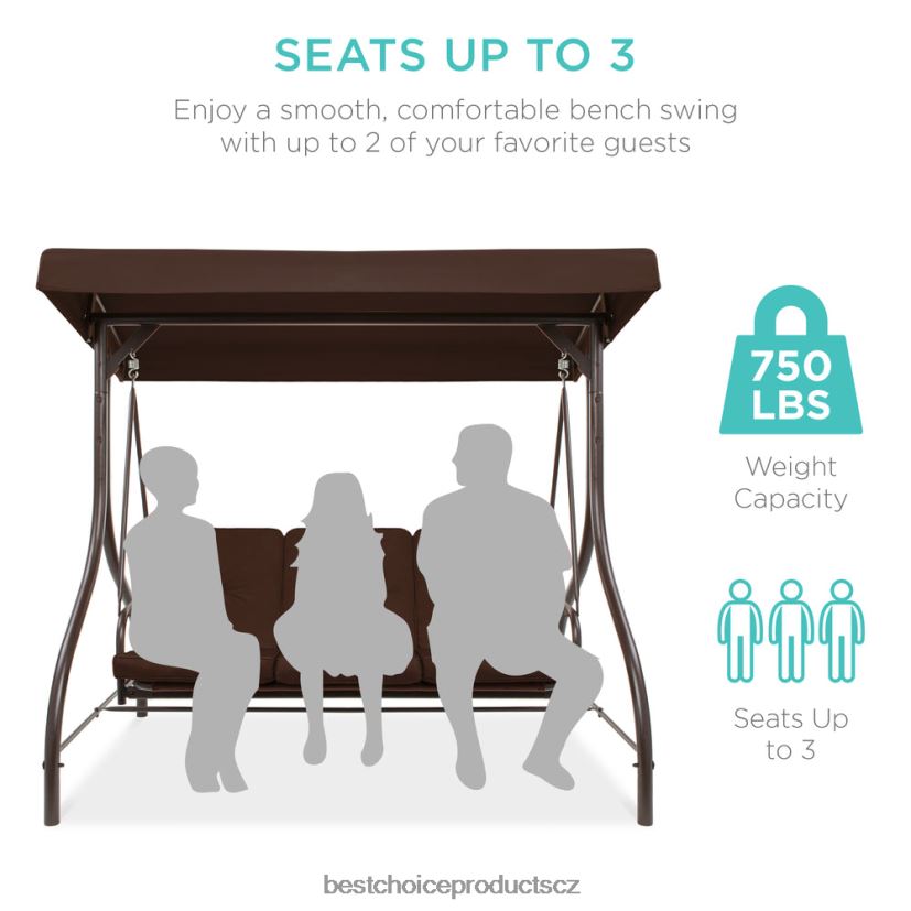 Best Choice Products 3místný venkovní houpací kluzák s baldachýnem s přestavitelným plochým opěradlem venkovní bydlení | hnědý FF22861361