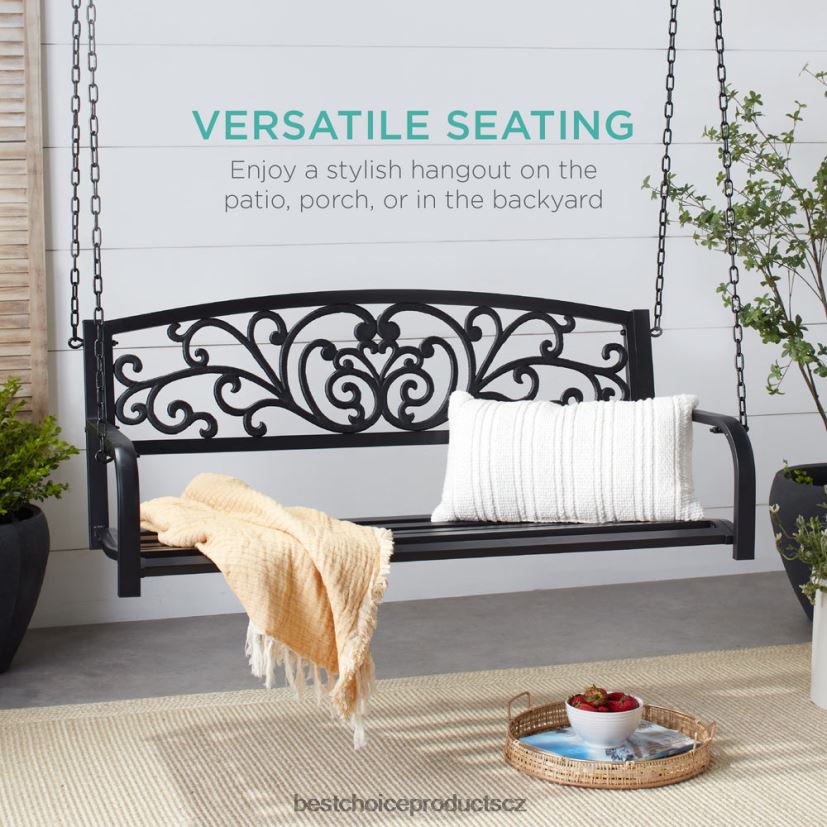 Best Choice Products Kovová venkovní houpačka na verandu pro 2 osoby s květinovým akcentem, nosnost 485 liber venkovní bydlení | Černá FF2286910