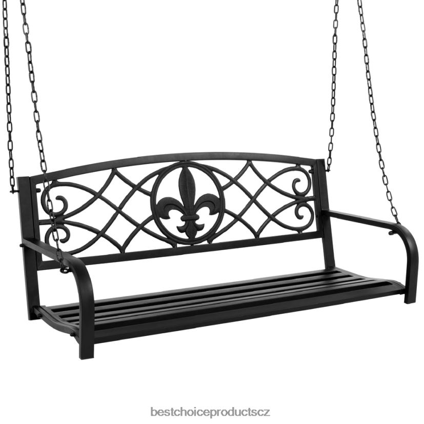 Best Choice Products Venkovní kovová závěsná houpací lavice pro 2 osoby s akcenty fleur-de-lis venkovní bydlení | Černá FF22861483