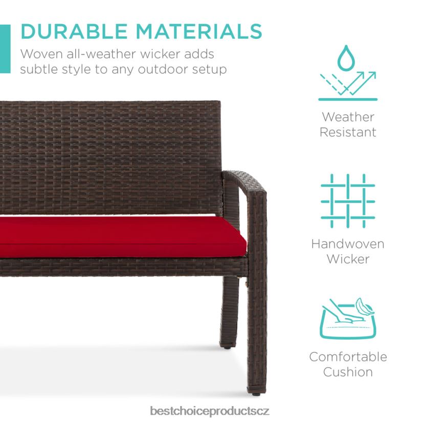 Best Choice Products Venkovní proutěná verandová lavice pro 2 osoby, zahrada s kapacitou 700 lb venkovní bydlení | hnědá/červená FF2286949