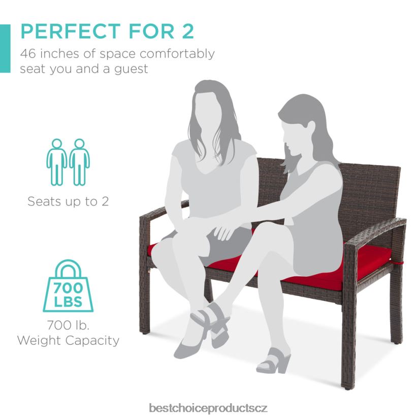Best Choice Products Venkovní proutěná verandová lavice pro 2 osoby, zahrada s kapacitou 700 lb venkovní bydlení | hnědá/červená FF2286949