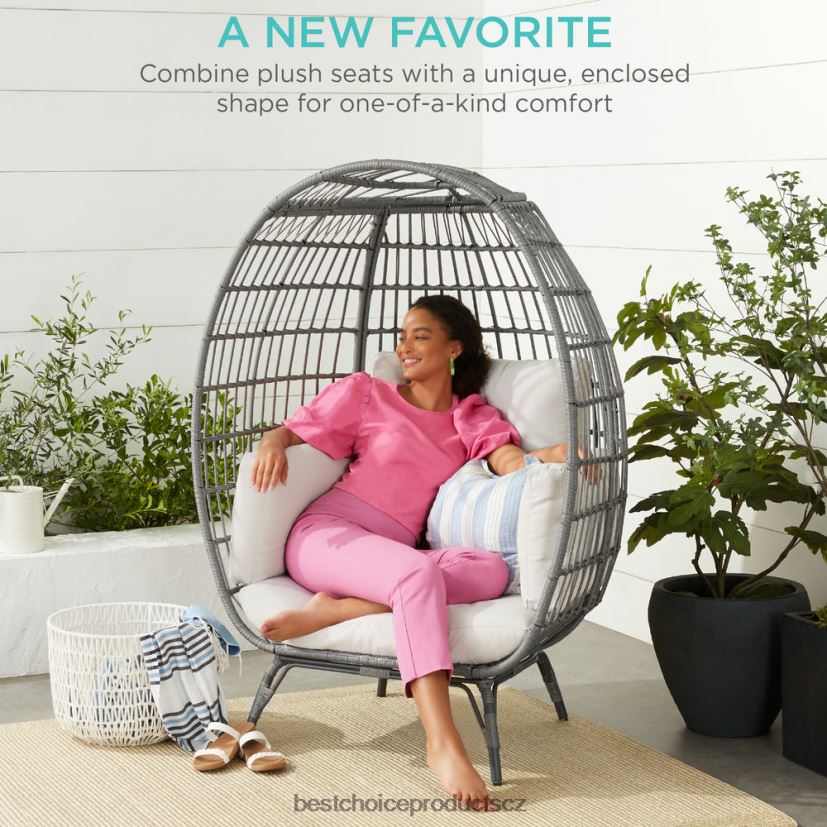Best Choice Products křeslo z proutěného vejce oversize vnitřní venkovní lehátko na terasu venkovní bydlení | šedý/bílý písek FF22861326