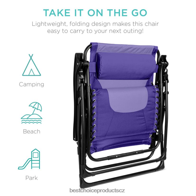 Best Choice Products nadrozměrné polstrované křeslo s nulovou gravitací, skládací křeslo s opěrkou hlavy, boční tác venkovní bydlení | fialová/fialová FF2286758