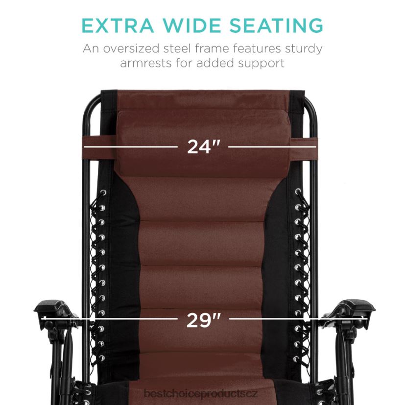 Best Choice Products nadrozměrné polstrované křeslo s nulovou gravitací, skládací křeslo s opěrkou hlavy, boční tác venkovní bydlení | hnědý FF2286754