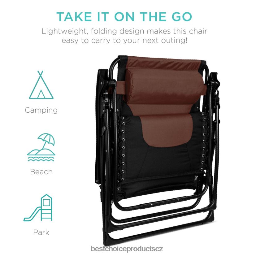 Best Choice Products nadrozměrné polstrované křeslo s nulovou gravitací, skládací křeslo s opěrkou hlavy, boční tác venkovní bydlení | hnědý FF2286754