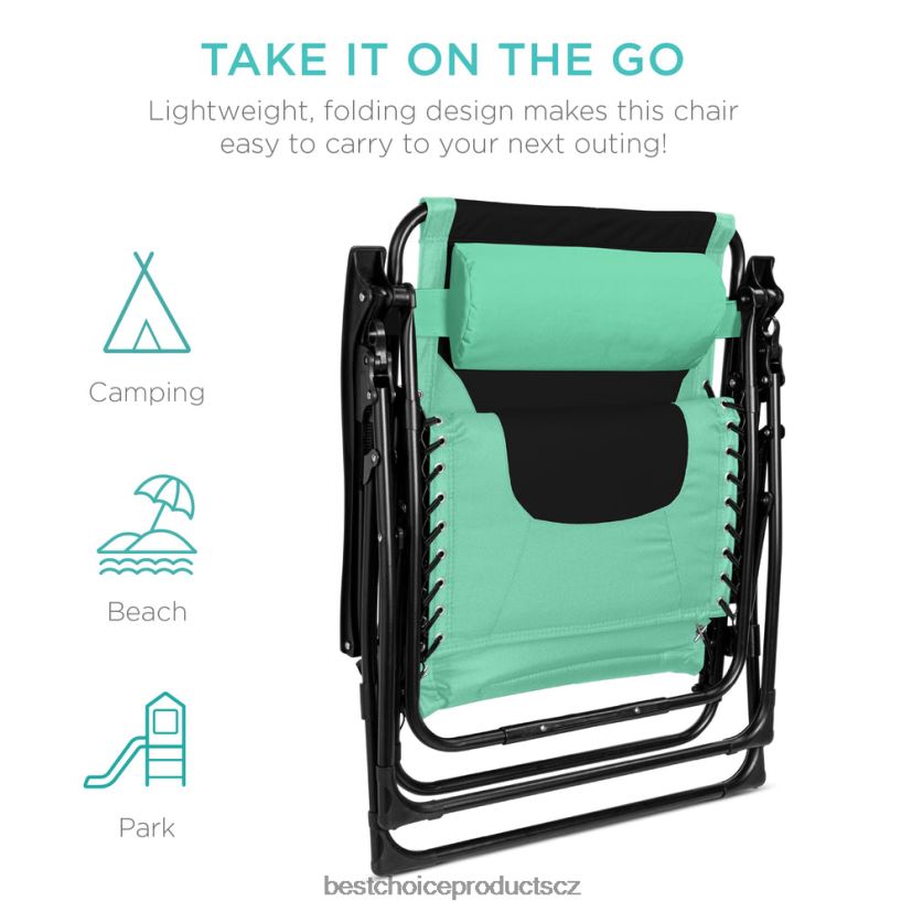 Best Choice Products nadrozměrné polstrované křeslo s nulovou gravitací, skládací křeslo s opěrkou hlavy, boční tác venkovní bydlení | mořská pěna zelená/černá FF2286763