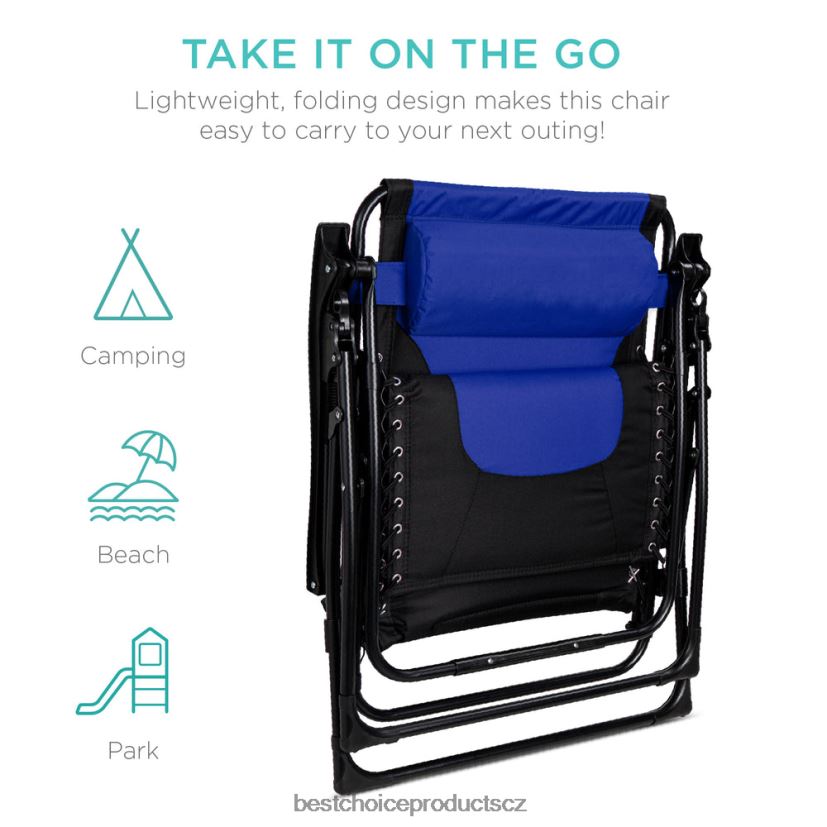 Best Choice Products nadrozměrné polstrované křeslo s nulovou gravitací, skládací křeslo s opěrkou hlavy, boční tác venkovní bydlení | modrá, černá FF2286751