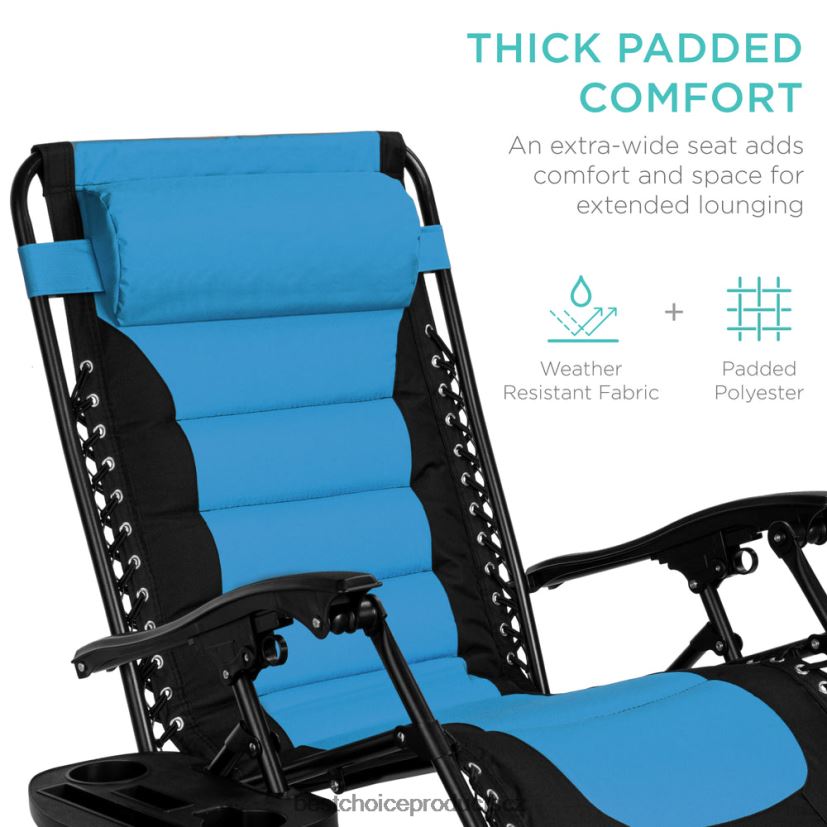 Best Choice Products nadrozměrné polstrované křeslo s nulovou gravitací, skládací křeslo s opěrkou hlavy, boční tác venkovní bydlení | modrá obloha FF2286756