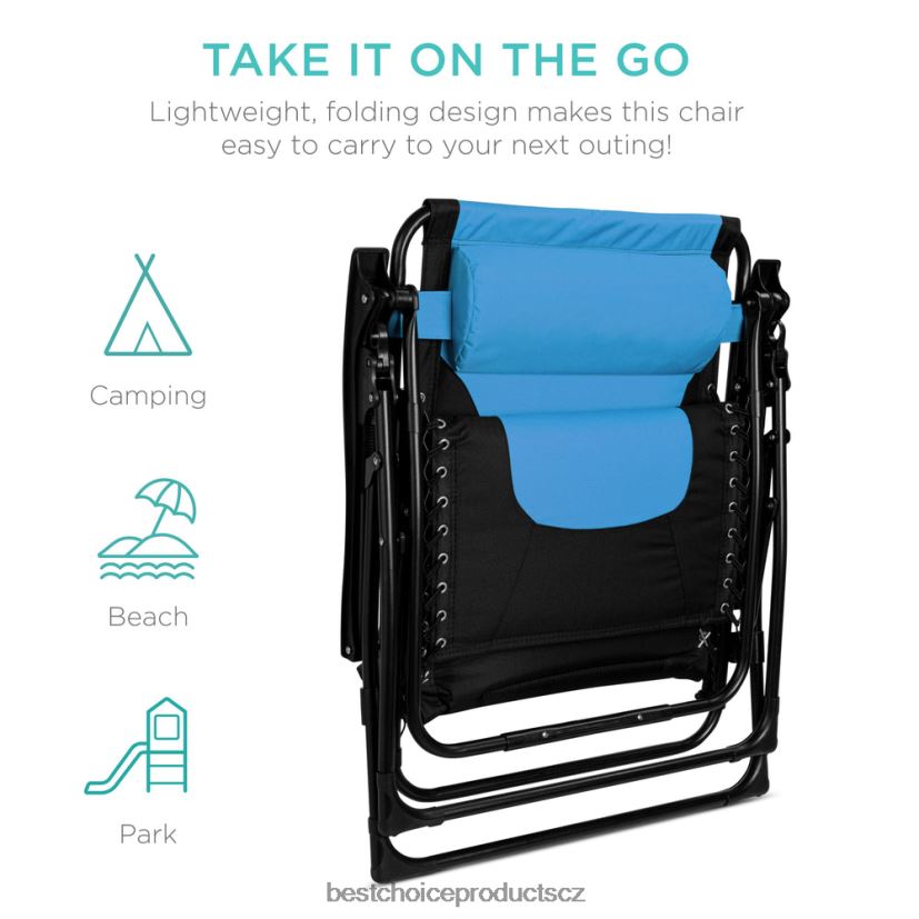 Best Choice Products nadrozměrné polstrované křeslo s nulovou gravitací, skládací křeslo s opěrkou hlavy, boční tác venkovní bydlení | modrá obloha FF2286756