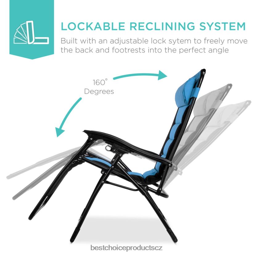 Best Choice Products nadrozměrné polstrované křeslo s nulovou gravitací, skládací křeslo s opěrkou hlavy, boční tác venkovní bydlení | modrá obloha FF2286756