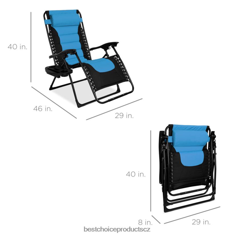 Best Choice Products nadrozměrné polstrované křeslo s nulovou gravitací, skládací křeslo s opěrkou hlavy, boční tác venkovní bydlení | modrá obloha FF2286756