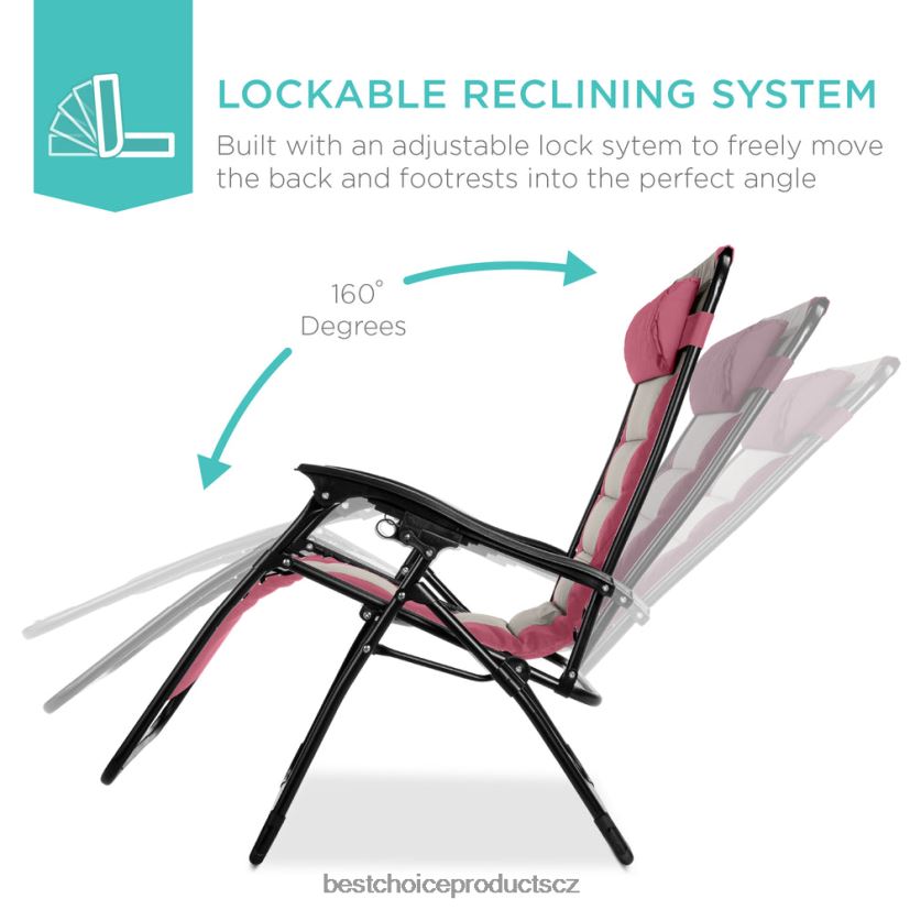 Best Choice Products nadrozměrné polstrované křeslo s nulovou gravitací, skládací křeslo s opěrkou hlavy, boční tác venkovní bydlení | růžová/taupe FF2286762