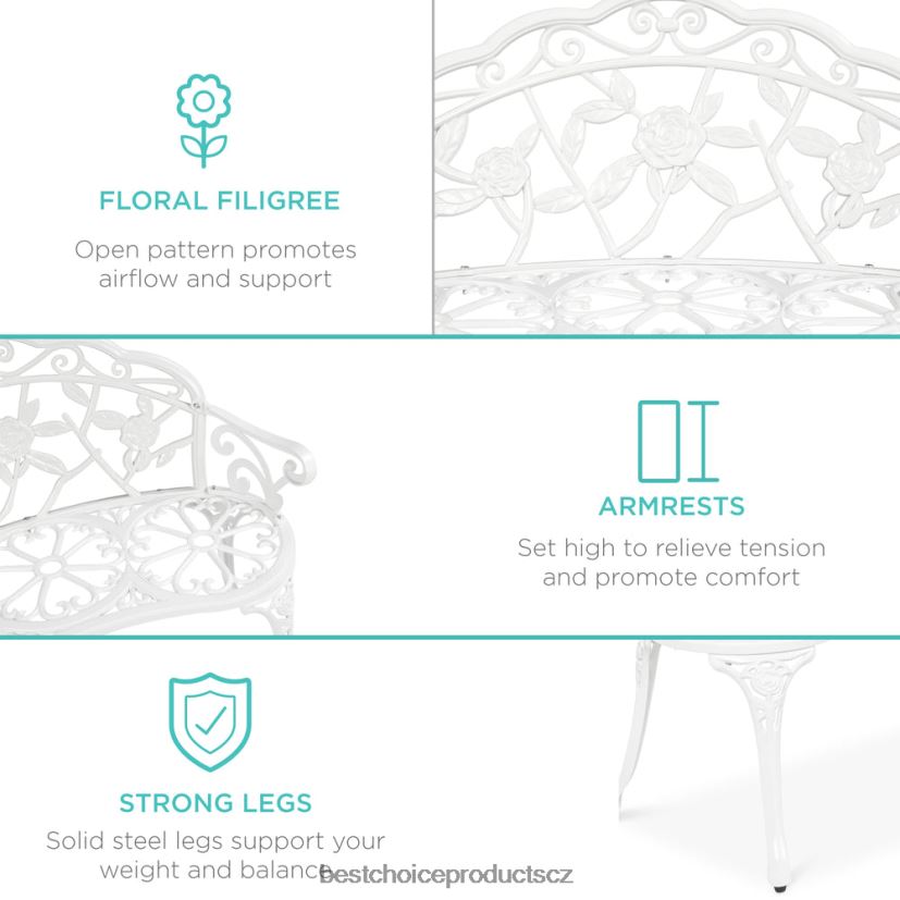 Best Choice Products ocelová zahradní lavice venkovní zahradní nábytek s květinovým akcentem růže venkovní bydlení | bílý FF22861455