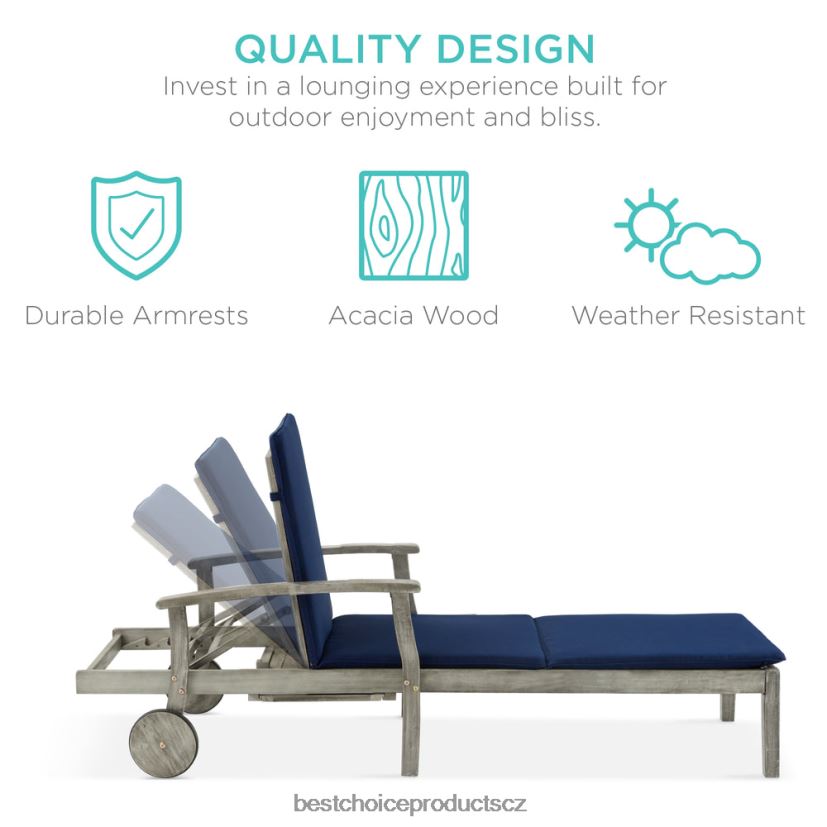Best Choice Products polohovatelné křeslo z akátového dřeva s odkládacím stolkem, kolečky venkovní bydlení | šedá/námořnická FF2286871