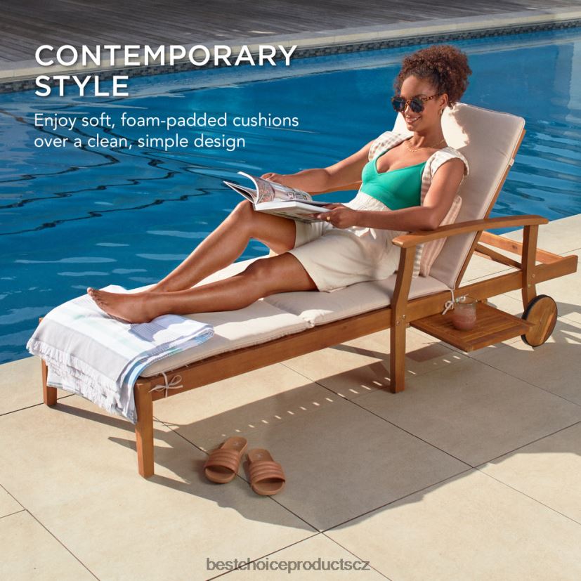 Best Choice Products polohovatelné křeslo z akátového dřeva s odkládacím stolkem, kolečky venkovní bydlení | krém FF2286872