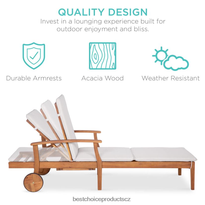 Best Choice Products polohovatelné křeslo z akátového dřeva s odkládacím stolkem, kolečky venkovní bydlení | krém FF2286872