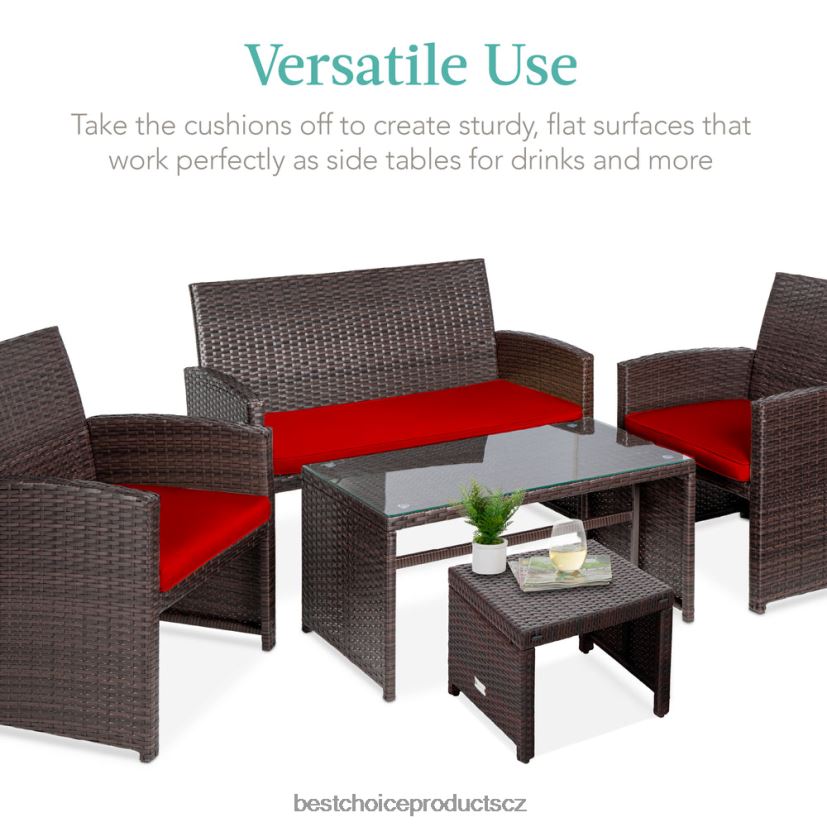 Best Choice Products sada 2 víceúčelových proutěných otomanů s odnímatelnými polštáři, ocelový rám venkovní bydlení | hnědá/červená FF2286917